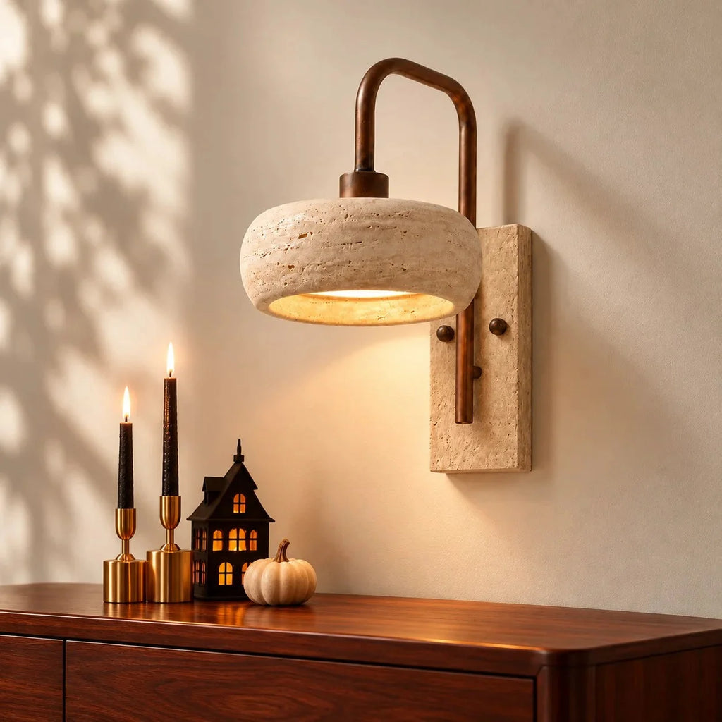 Travertine arched arm wall light