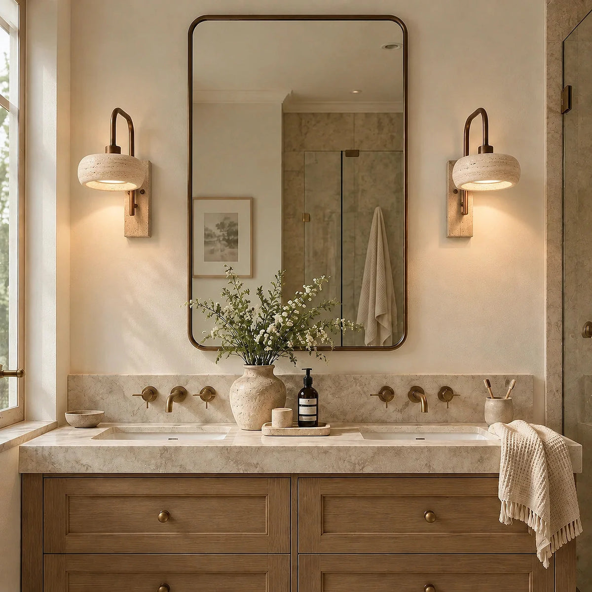Travertine arched arm wall light