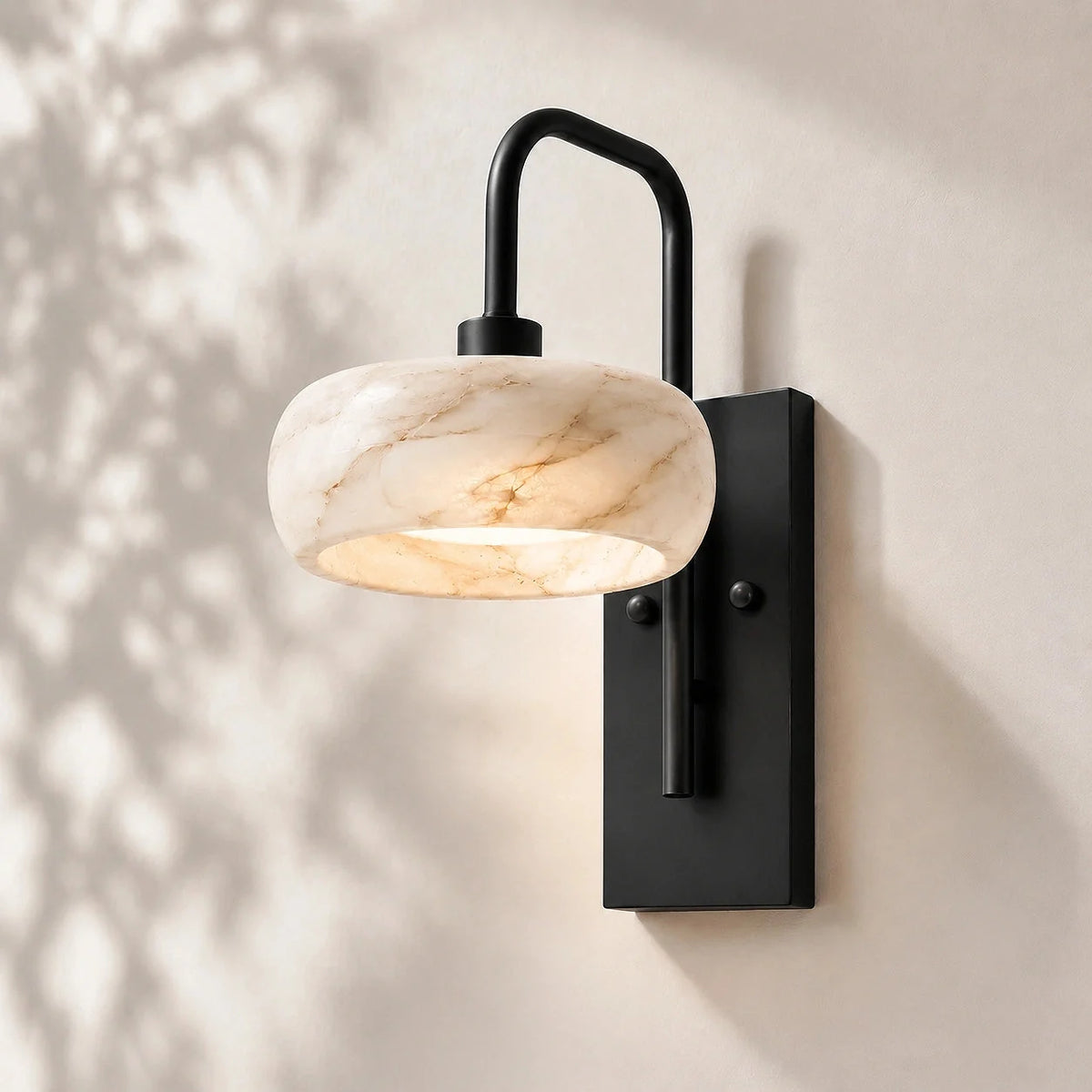 Travertine arched arm wall light, Rounded alabaster, Metal