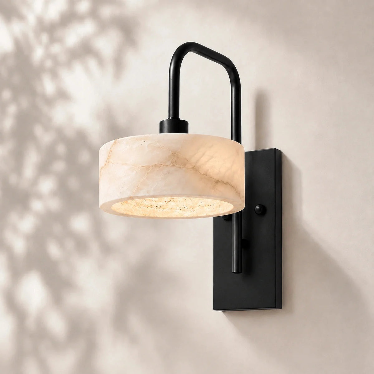 Travertine arched arm wall light, Cylinder alabaster, Metal