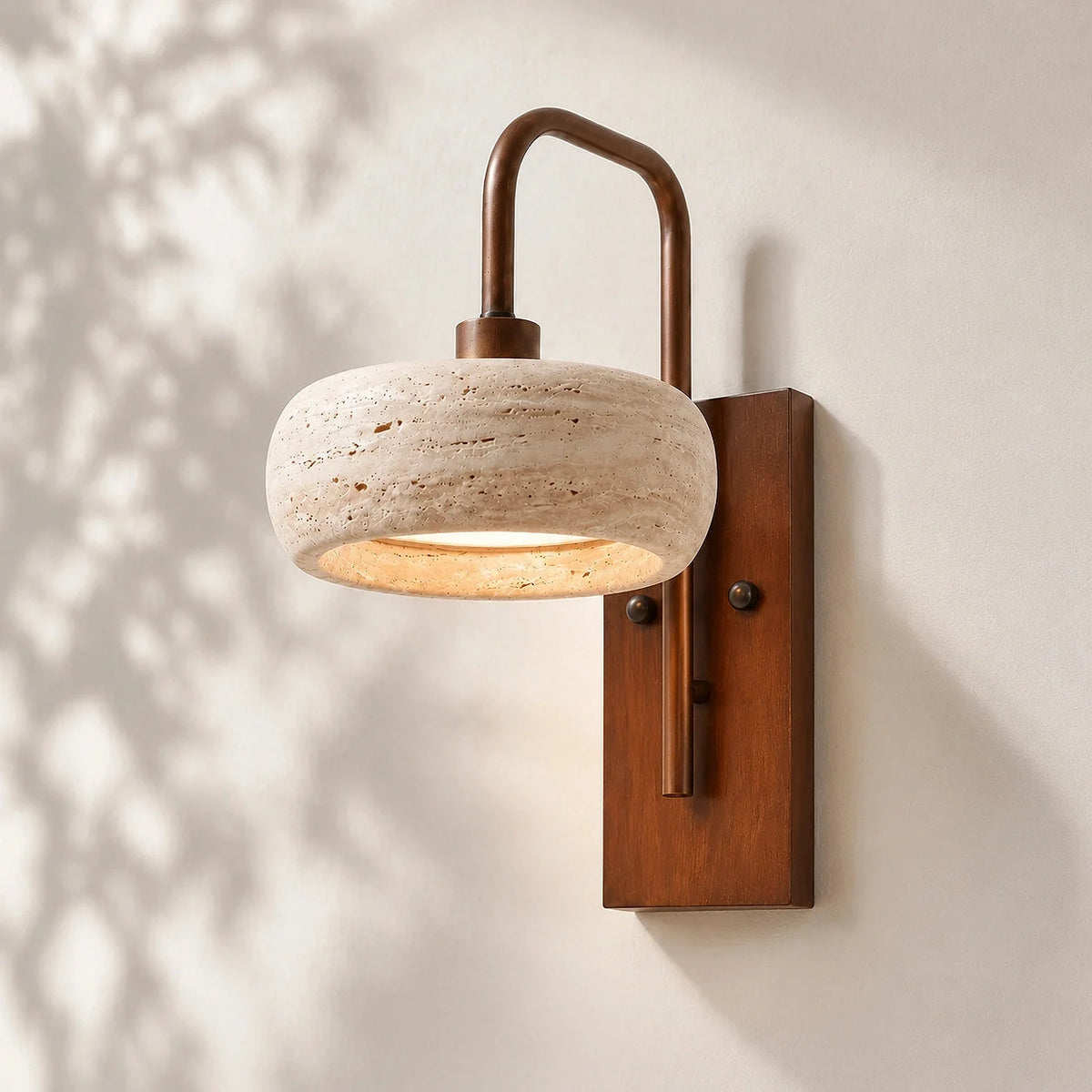 Travertine arched arm wall light, Rounded travertine, Walnut wood