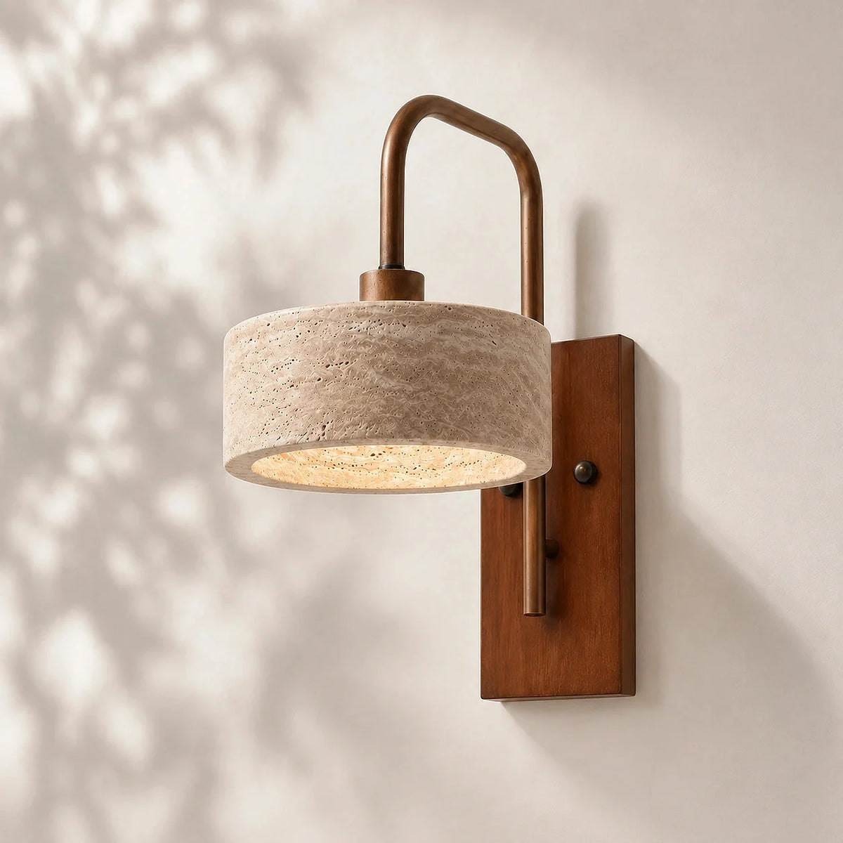 Travertine arched arm wall light, Cylinder travertine, Walnut wood