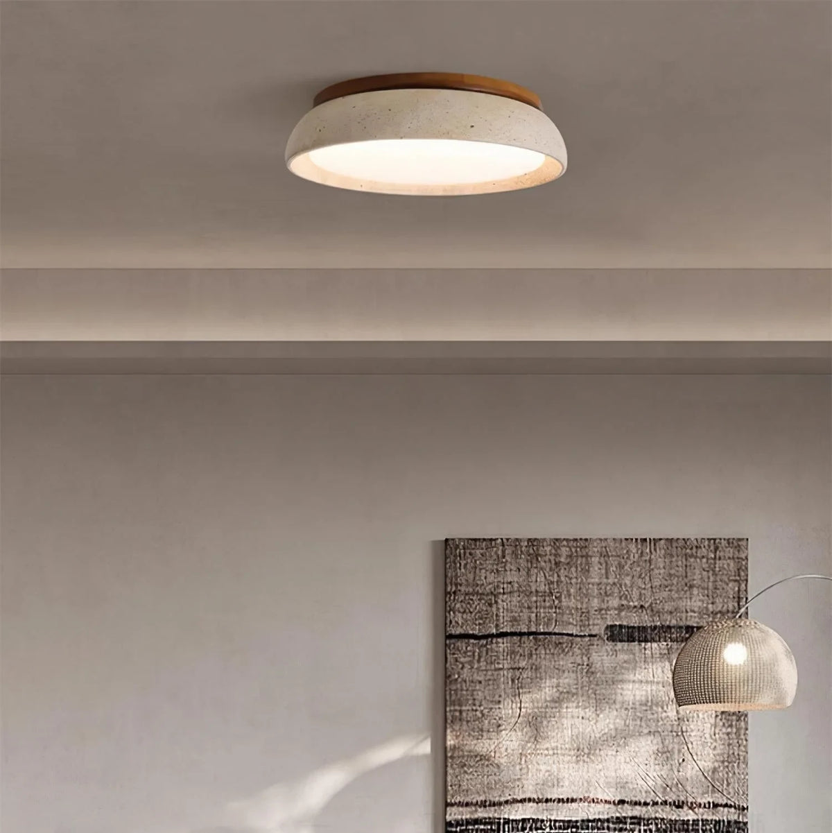 Travertine and wood flush ceiling light, 30cm, Dimmable