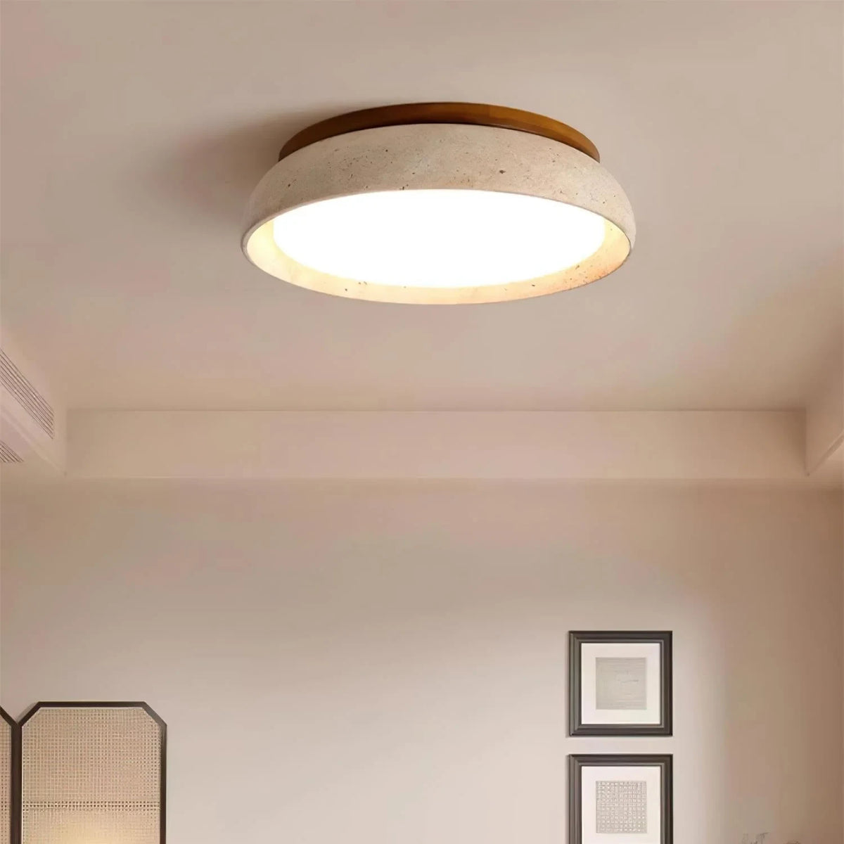 Travertine and wood flush ceiling light, 43cm, Dimmable