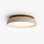 Travertine and wood flush ceiling light, on a white background