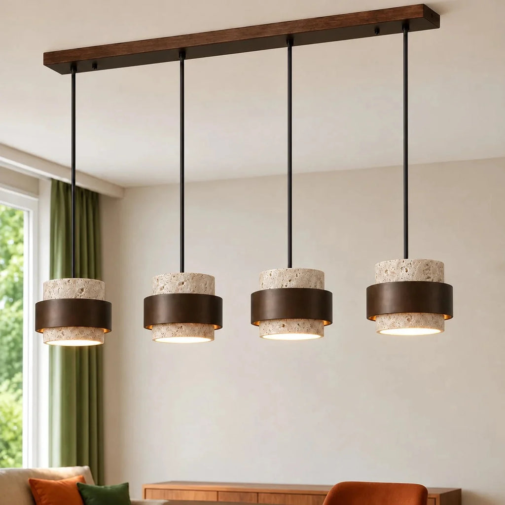 Travertine and walnut drum pendant light