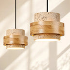 Travertine and walnut drum pendant light