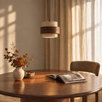 Travertine and walnut drum pendant light