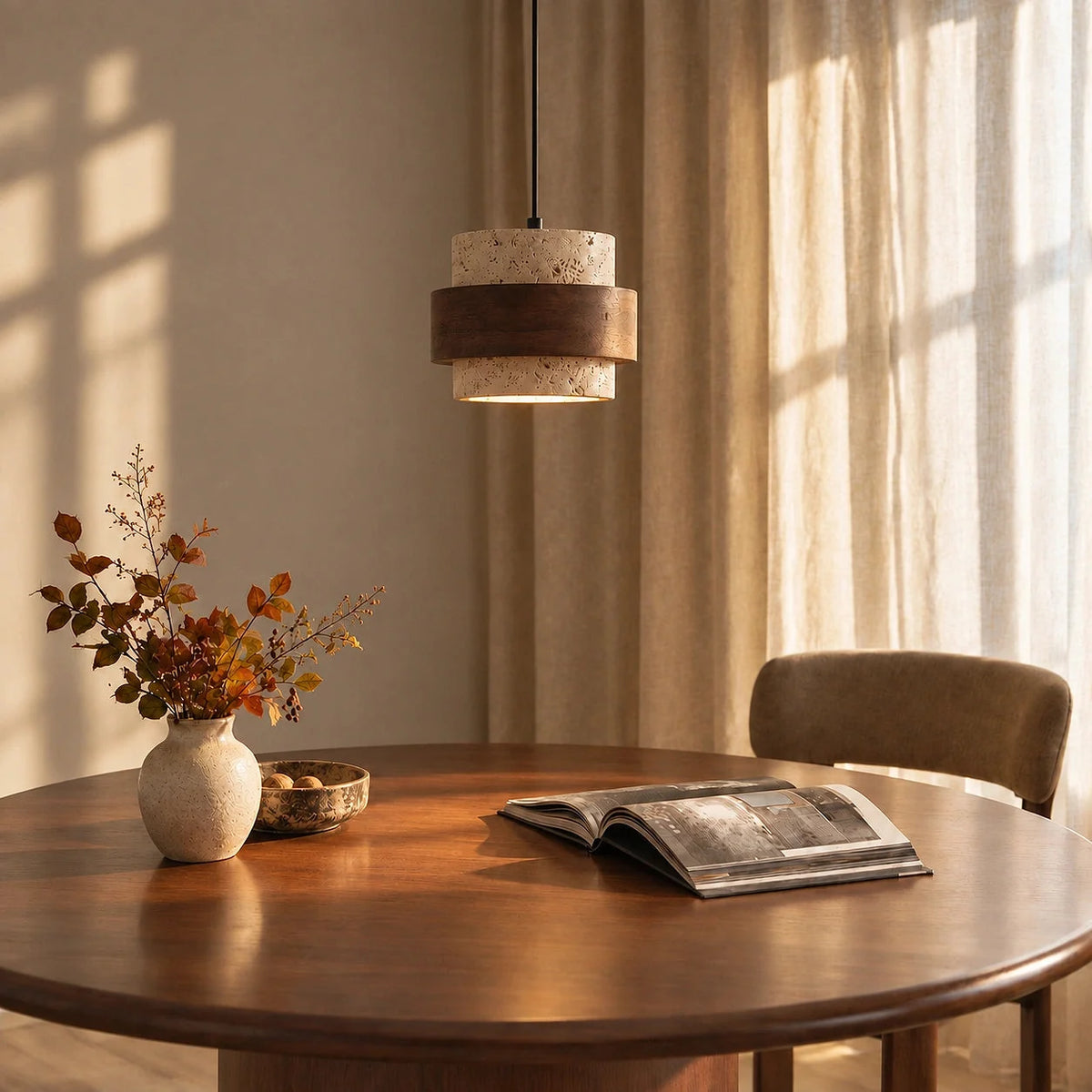 Travertine and walnut drum pendant light