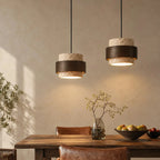 Travertine and walnut drum pendant light