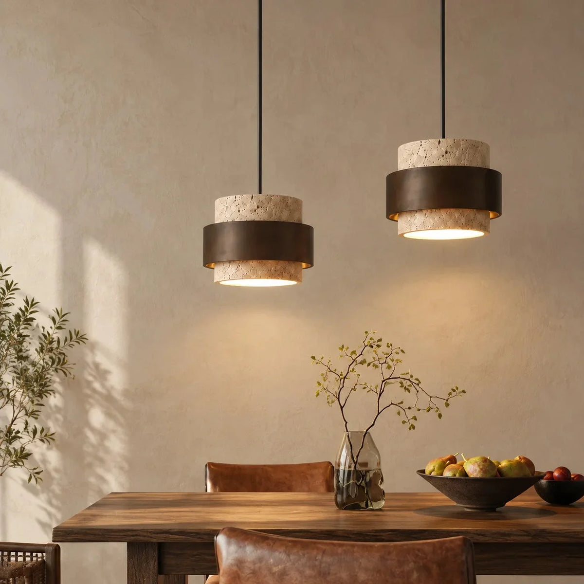 Travertine and walnut drum pendant light