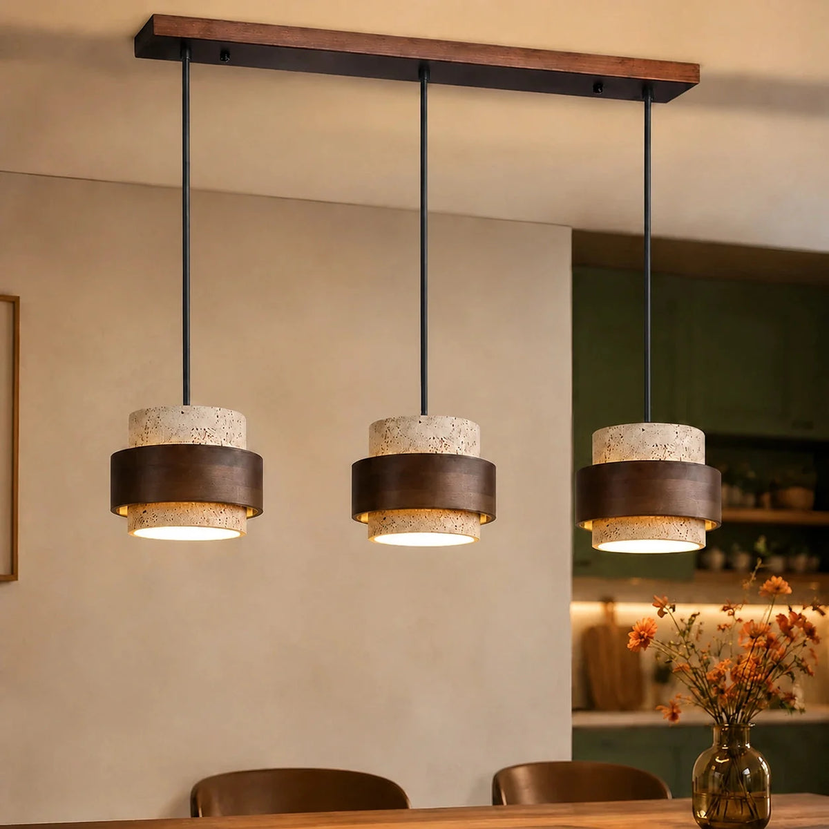 Travertine and walnut drum pendant light, 3 lights on a bar, Beige stone