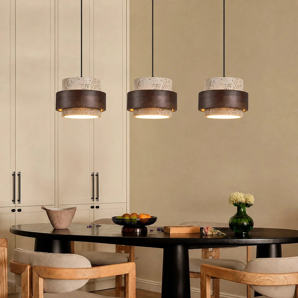 Travertine and walnut drum pendant light