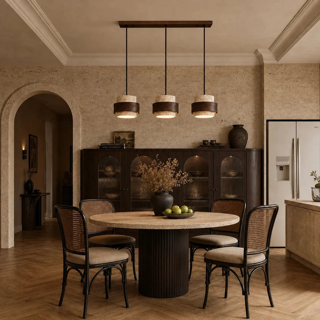 Travertine and walnut drum pendant light