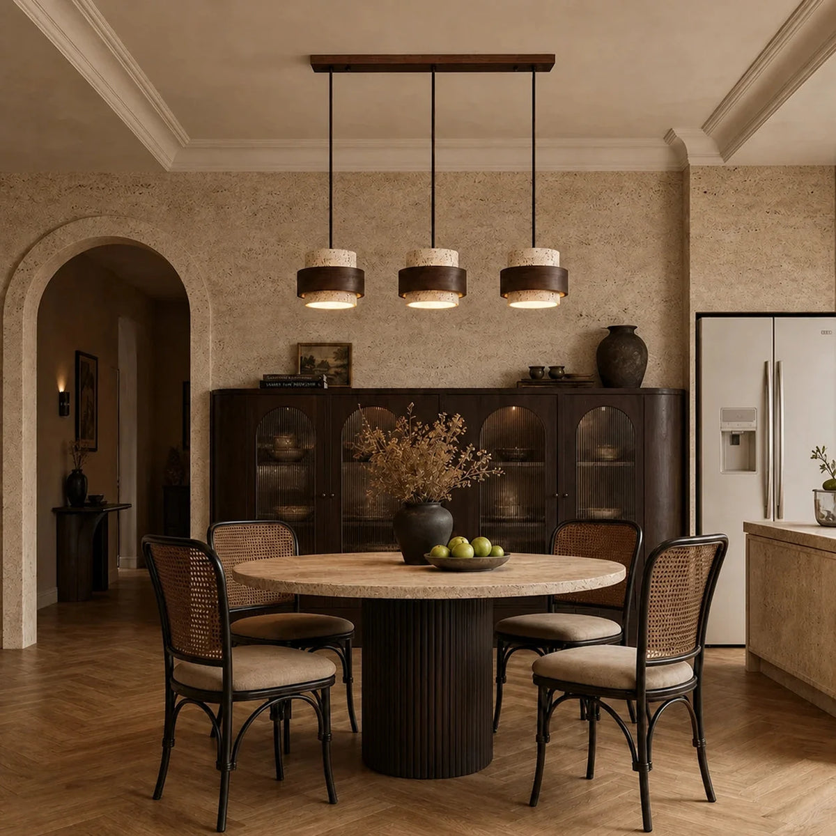 Travertine and walnut drum pendant light