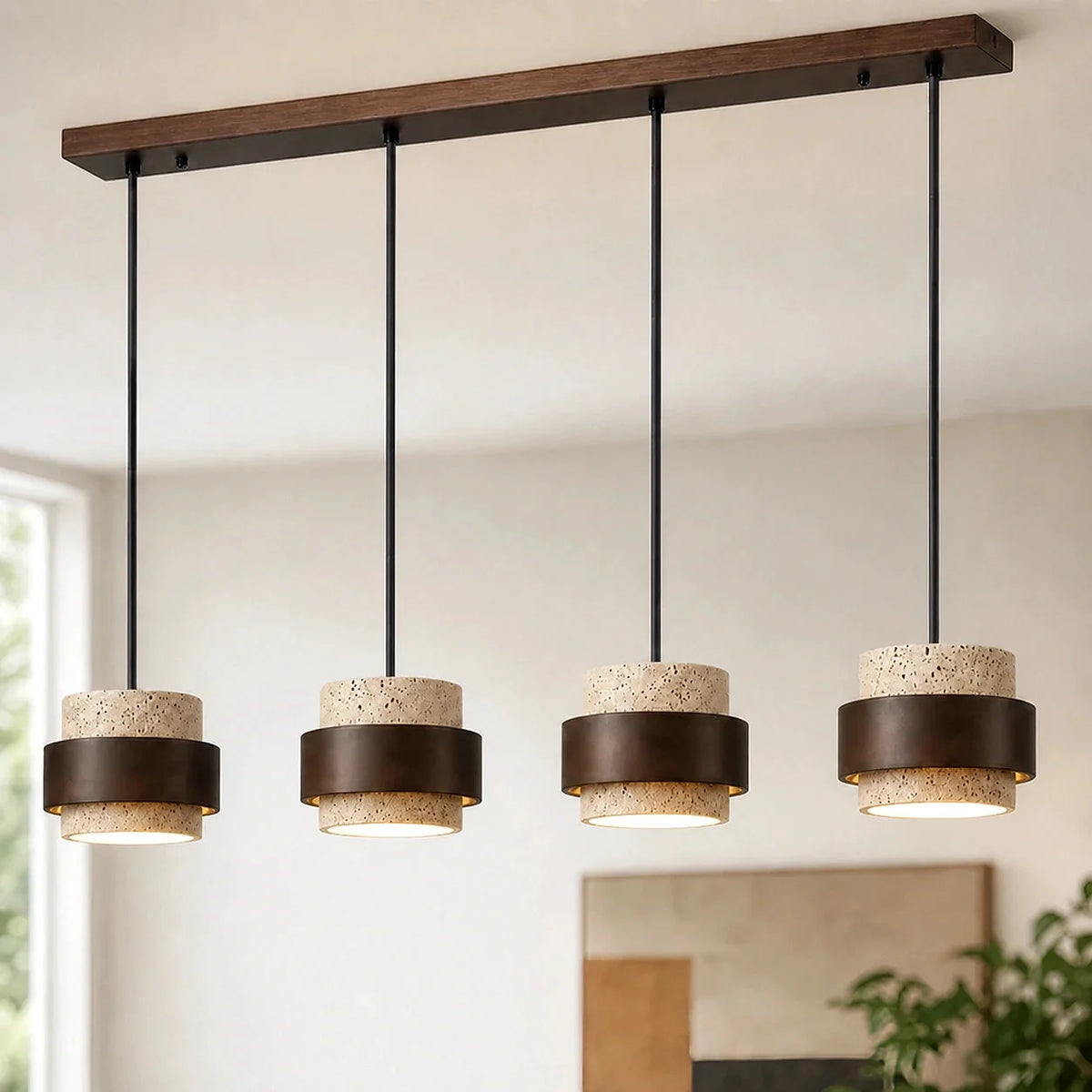 Travertine and walnut drum pendant light, 4 lights on a bar, Beige stone