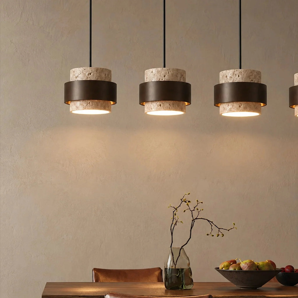Travertine and walnut drum pendant light