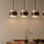 Travertine and walnut drum pendant light