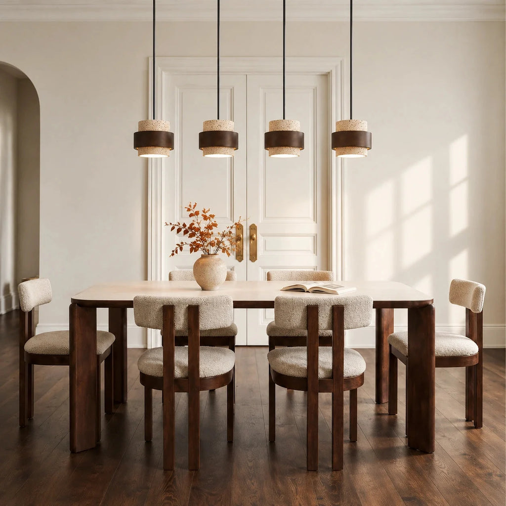 Travertine and walnut drum pendant light