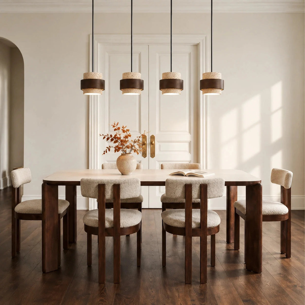 Travertine and walnut drum pendant light