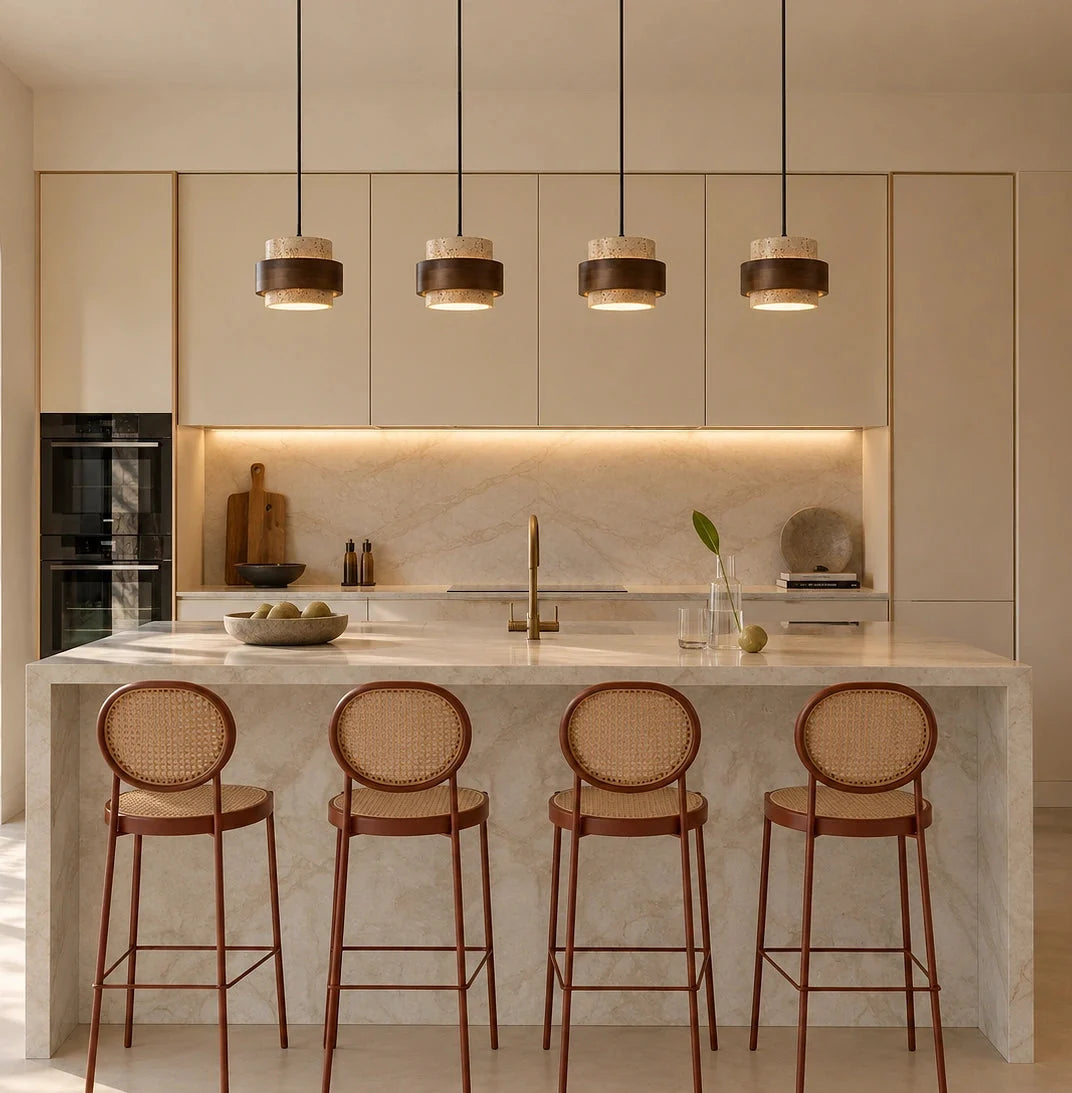 Travertine and walnut drum pendant light