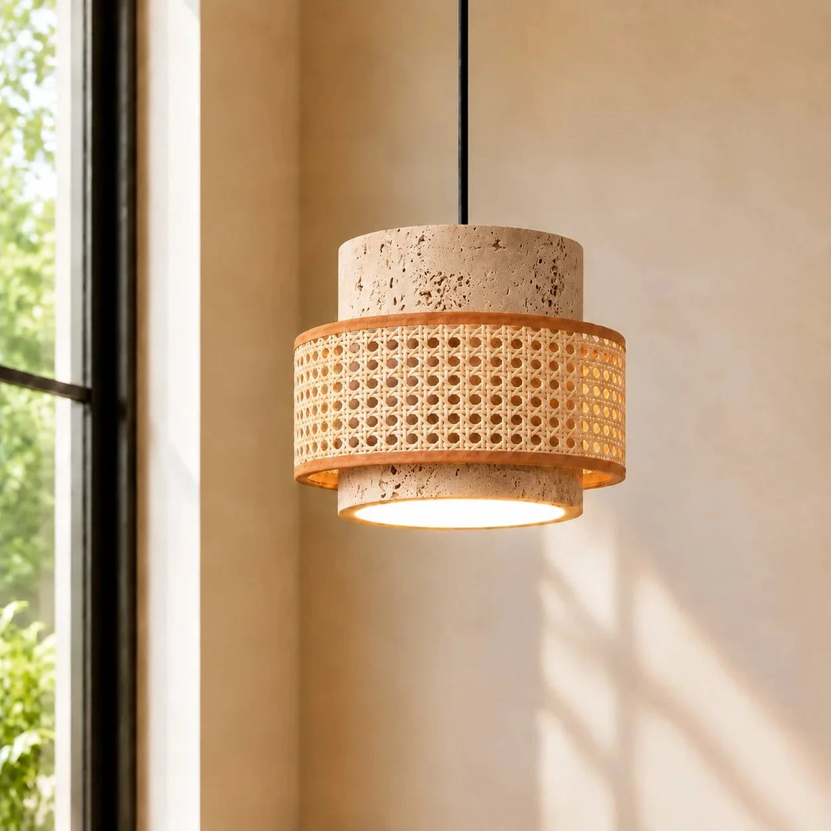 Travertine and walnut drum pendant light, Single, Natural with woven rattan