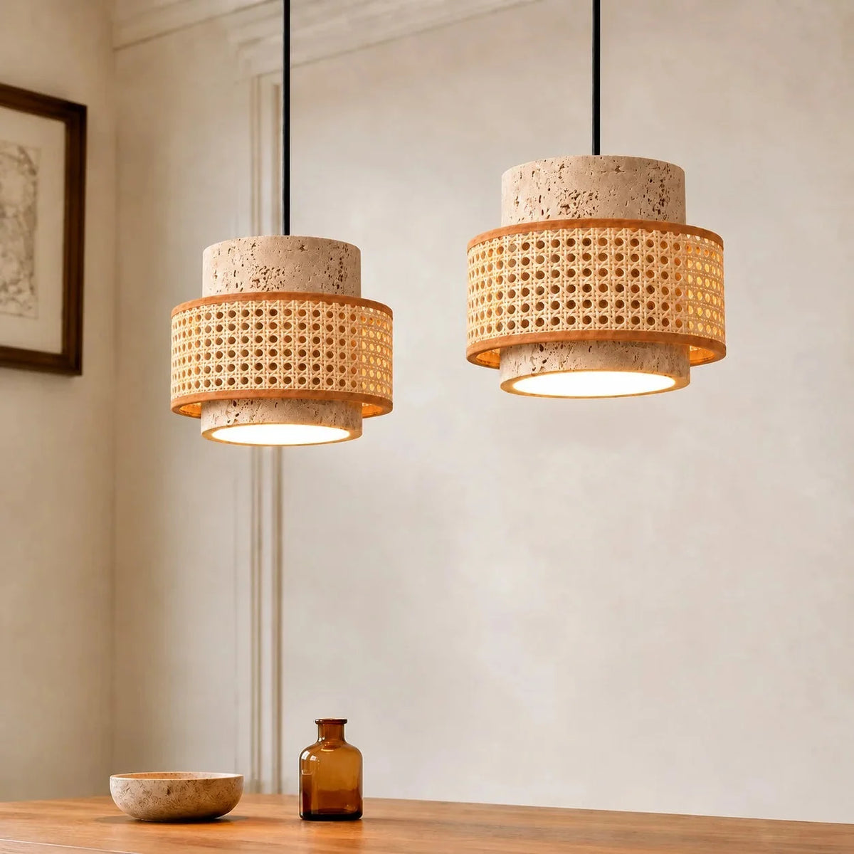 Travertine and walnut drum pendant light, 2 lights on a bar, Natural with woven rattan
