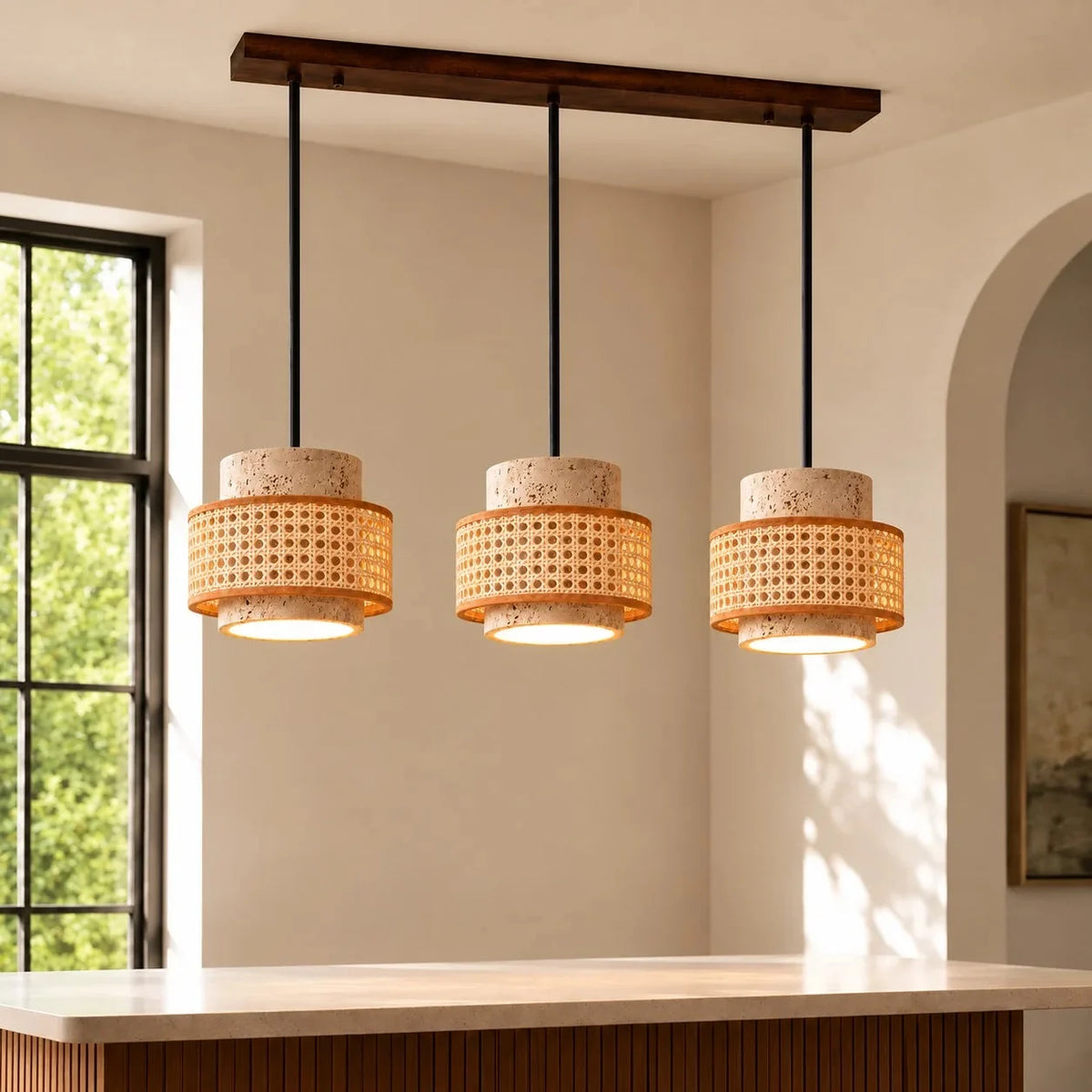 Travertine and walnut drum pendant light, 3 lights on a bar, Natural with woven rattan