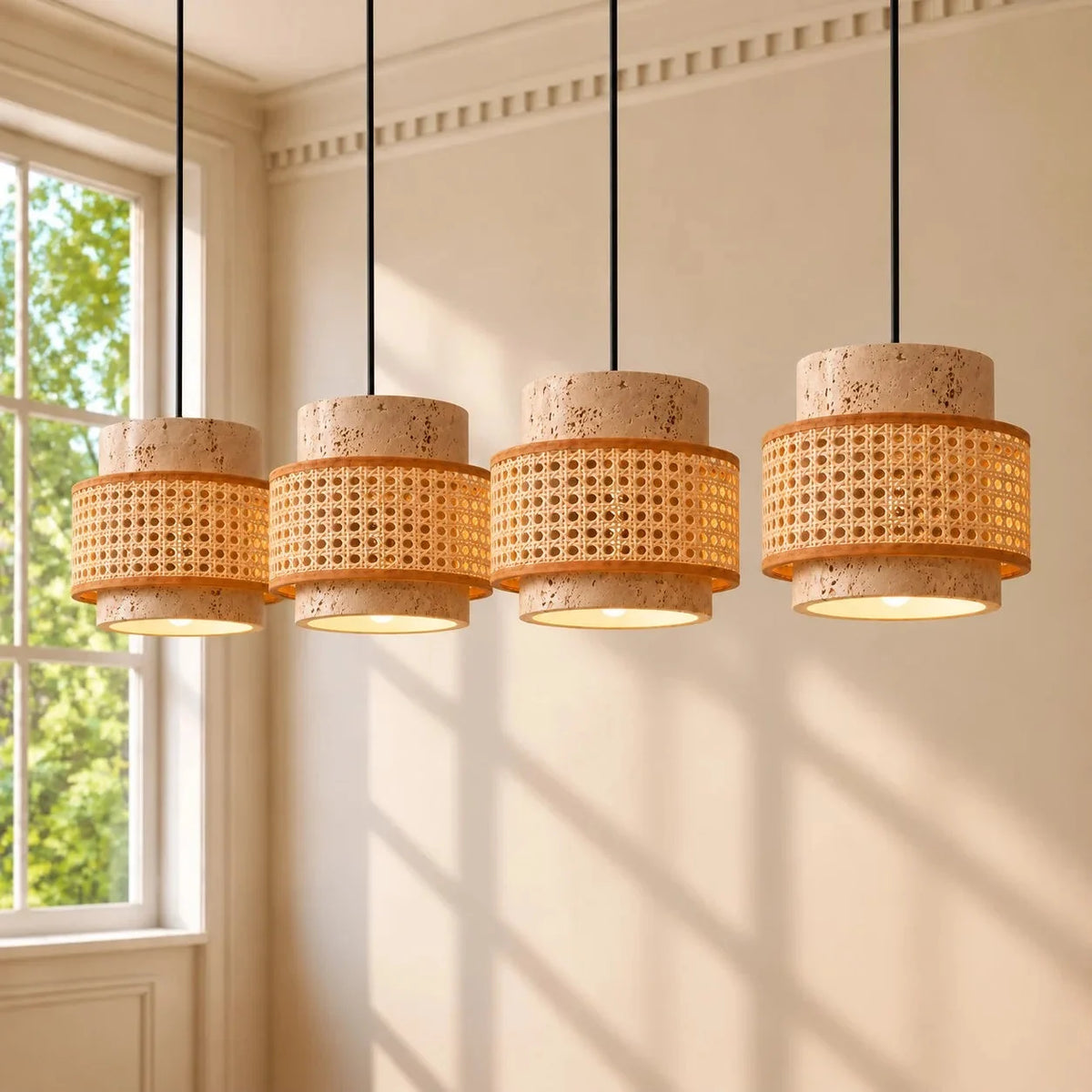 Travertine and walnut drum pendant light, 4 lights on a bar, Natural with woven rattan