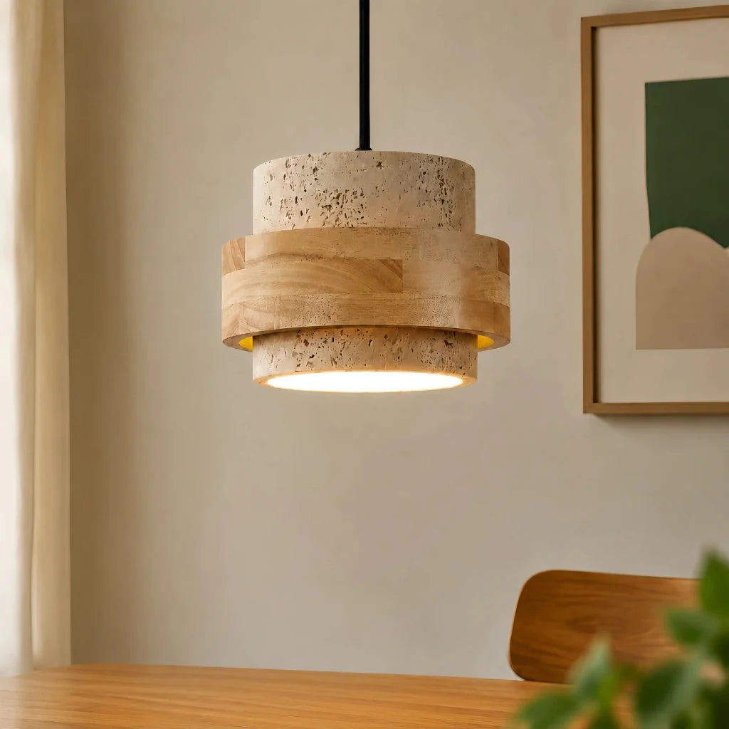 Travertine and walnut drum pendant light, Single, Natural