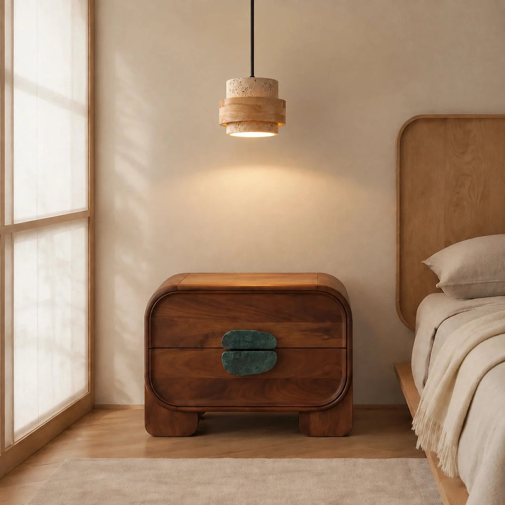 Travertine and walnut drum pendant light