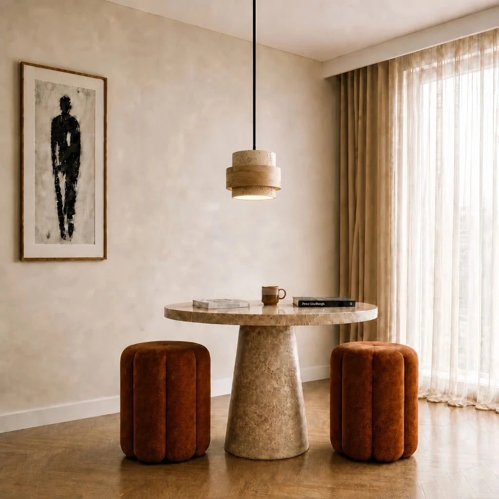 Travertine and walnut drum pendant light