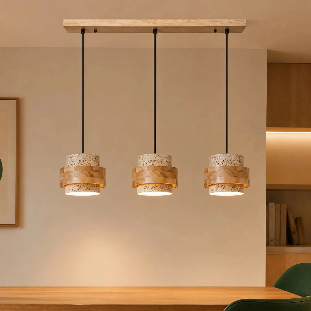 Travertine and walnut drum pendant light, 3 lights on a bar, Natural