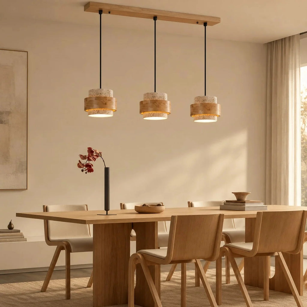Travertine and walnut drum pendant light