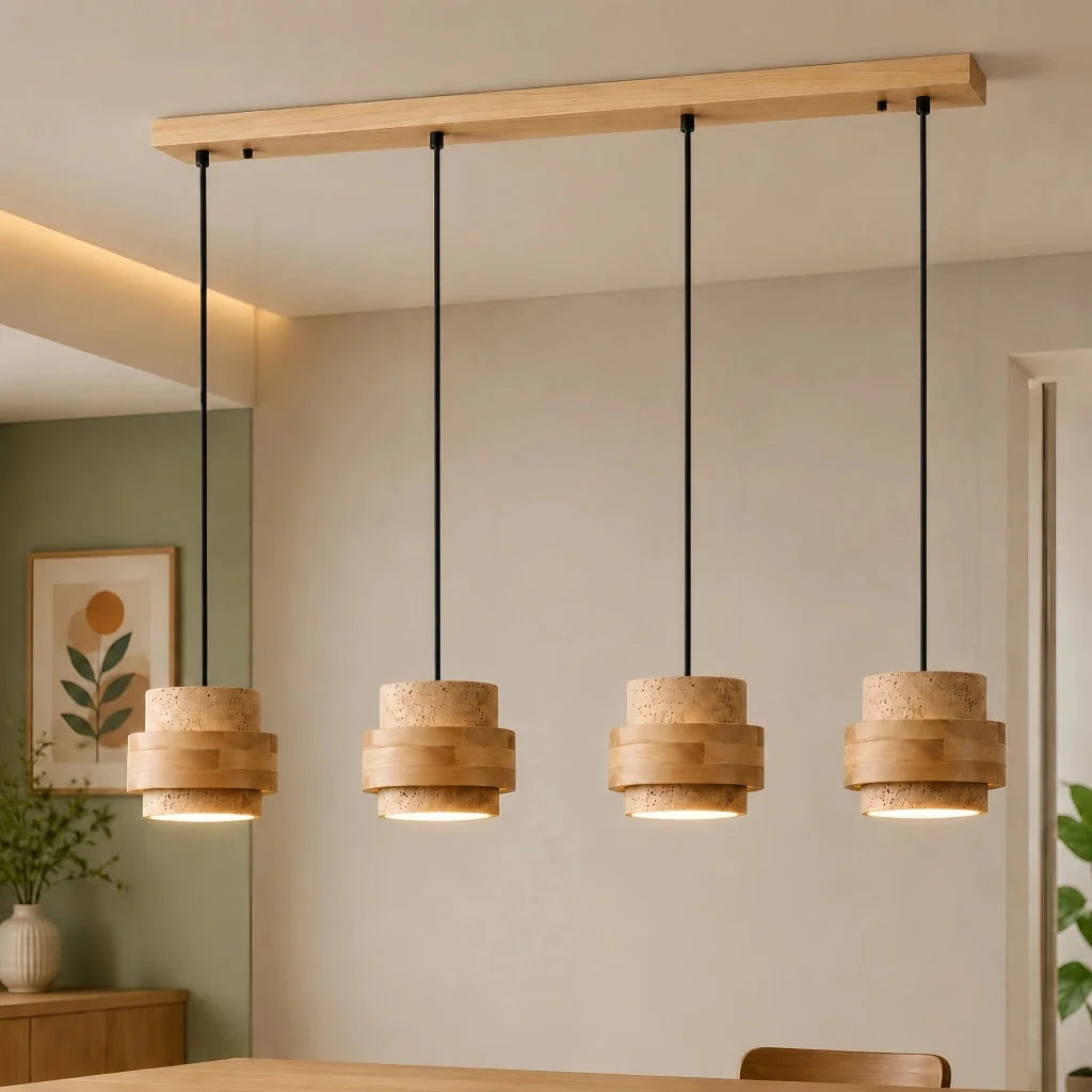 Travertine and walnut drum pendant light, 4 lights on a bar, Natural