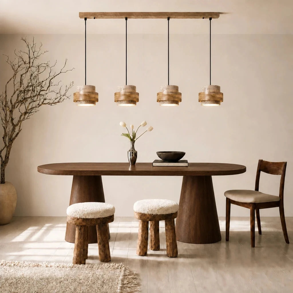 Travertine and walnut drum pendant light