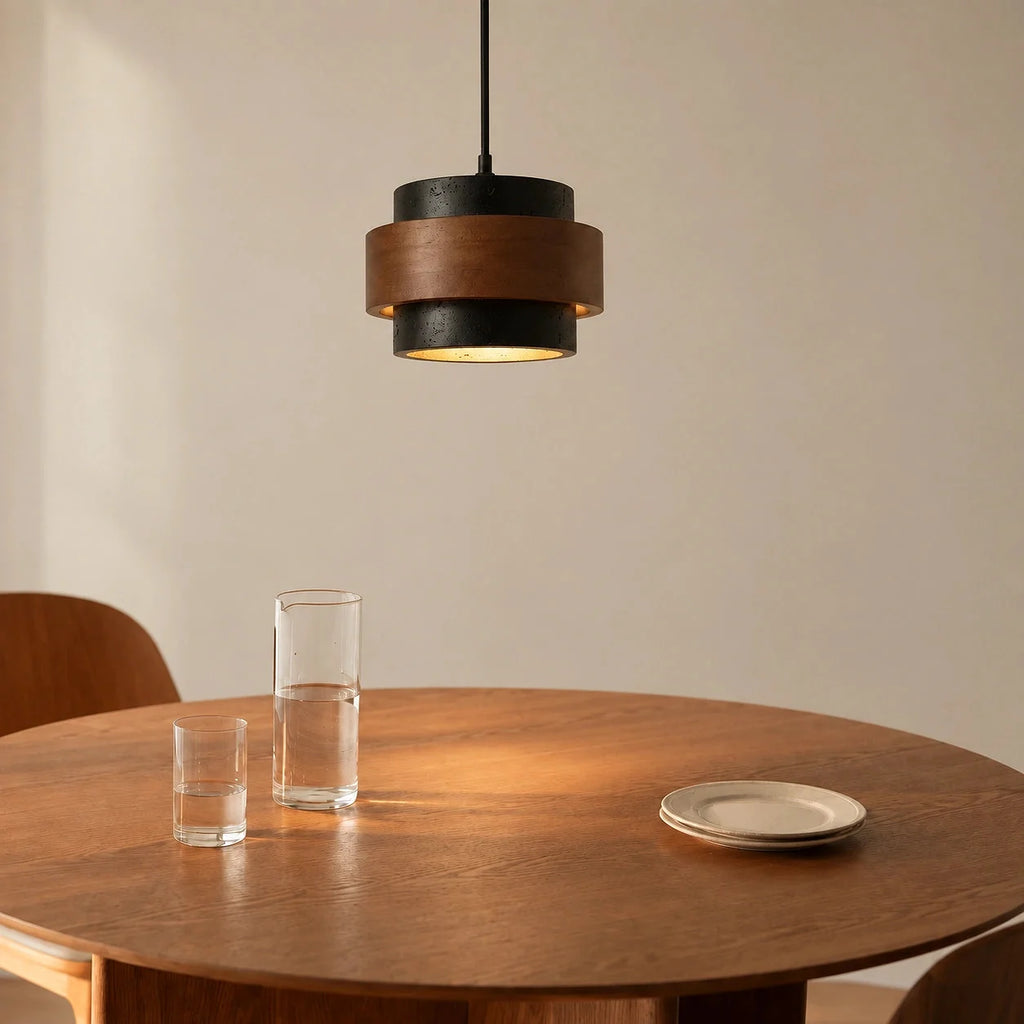 Travertine and walnut drum pendant light