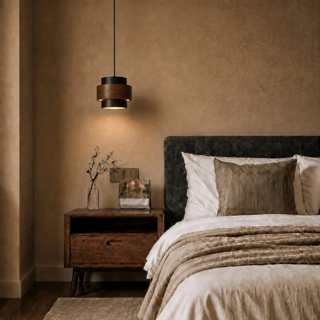 Travertine and walnut drum pendant light