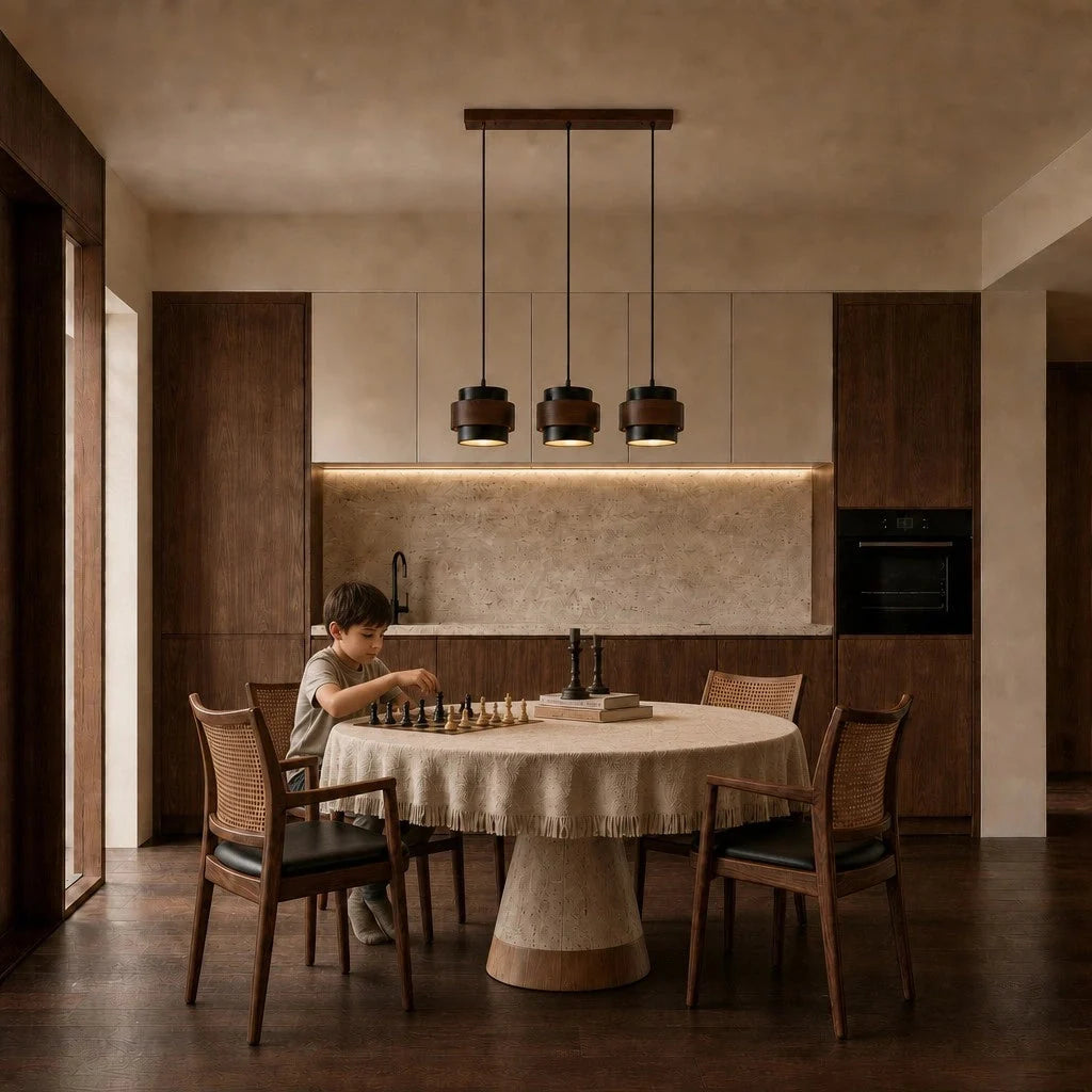 Travertine and walnut drum pendant light