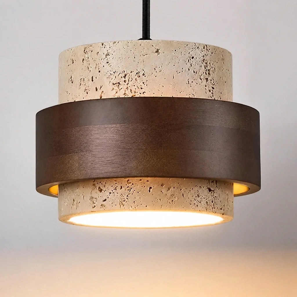 Travertine and walnut drum pendant light