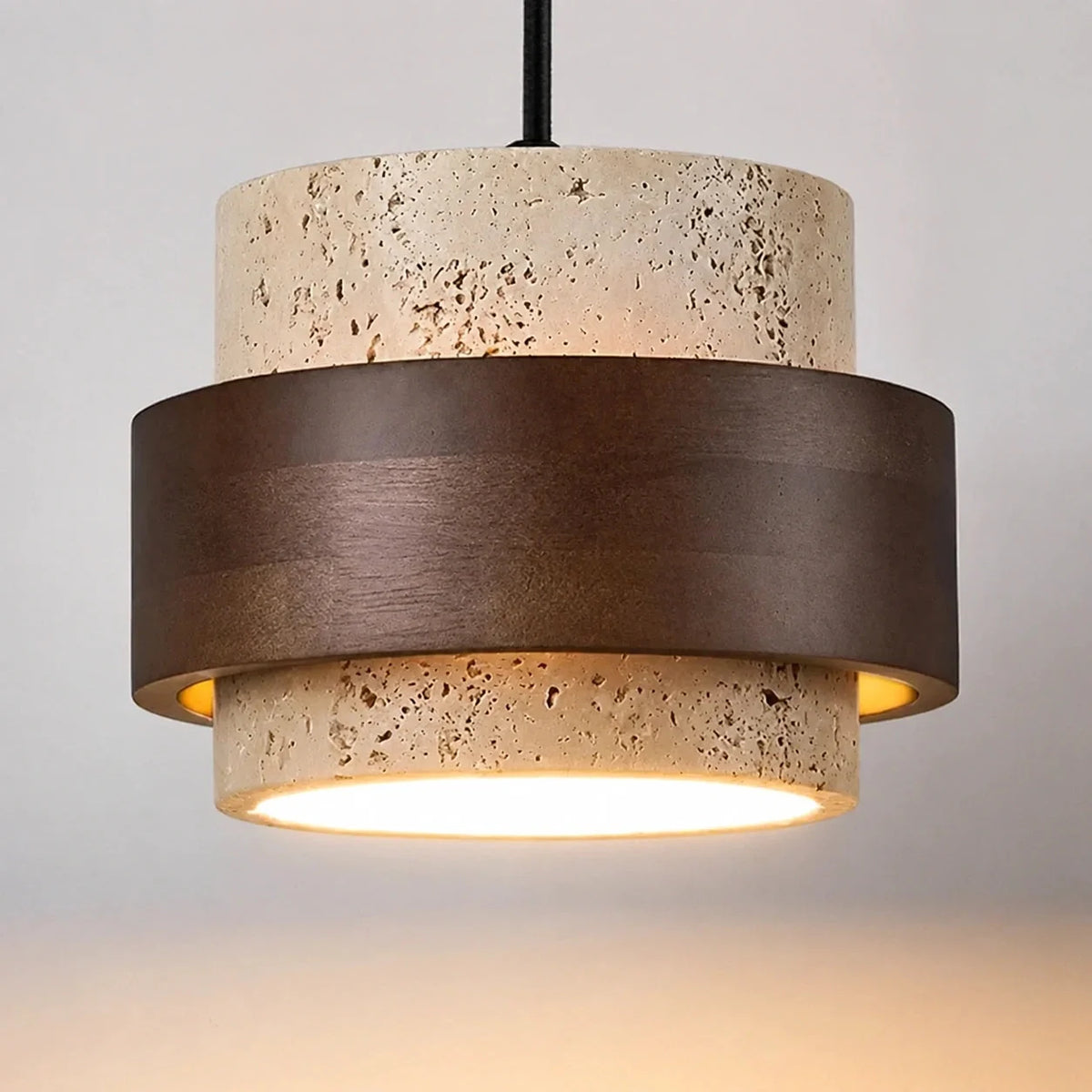 Travertine and walnut drum pendant light