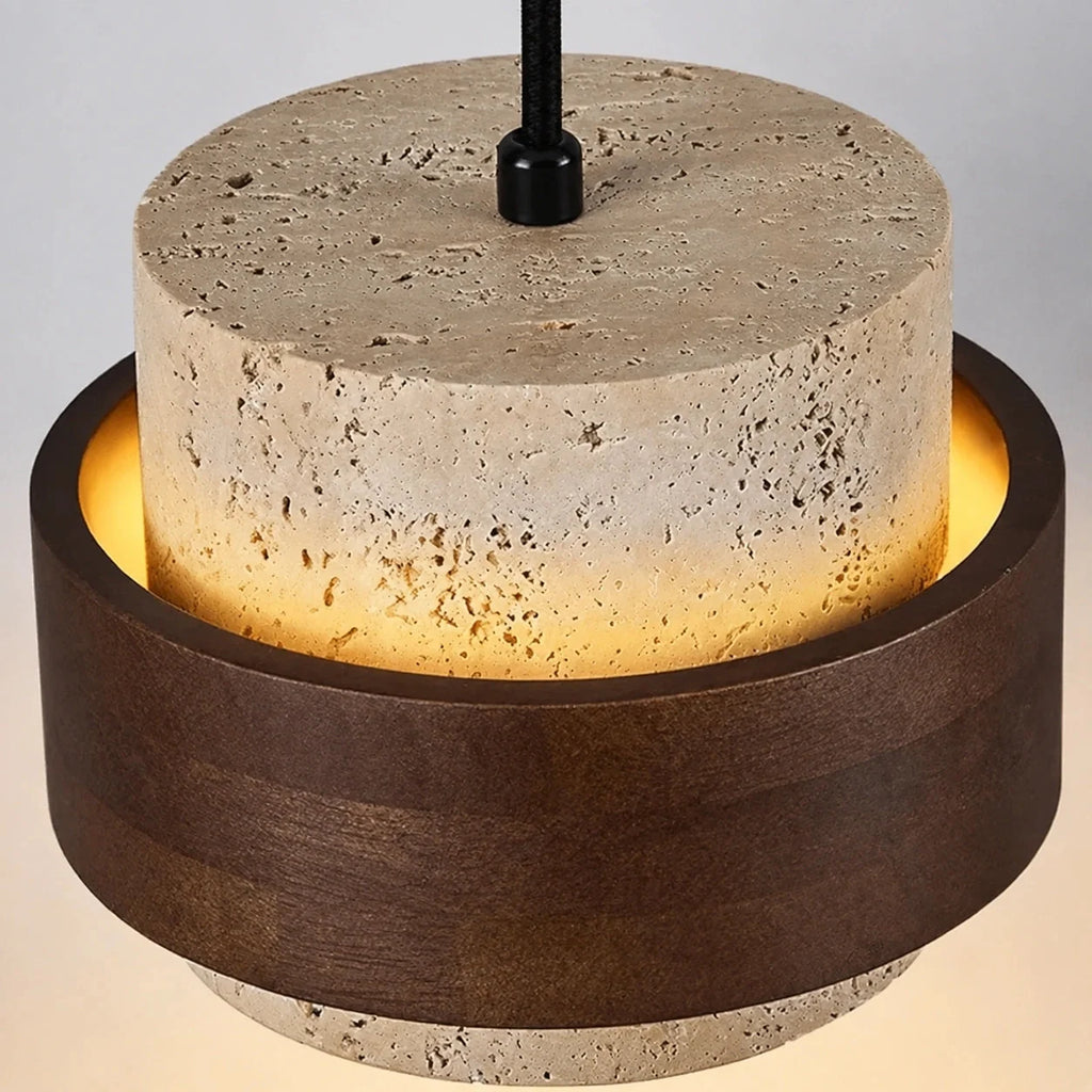 Travertine and walnut drum pendant light