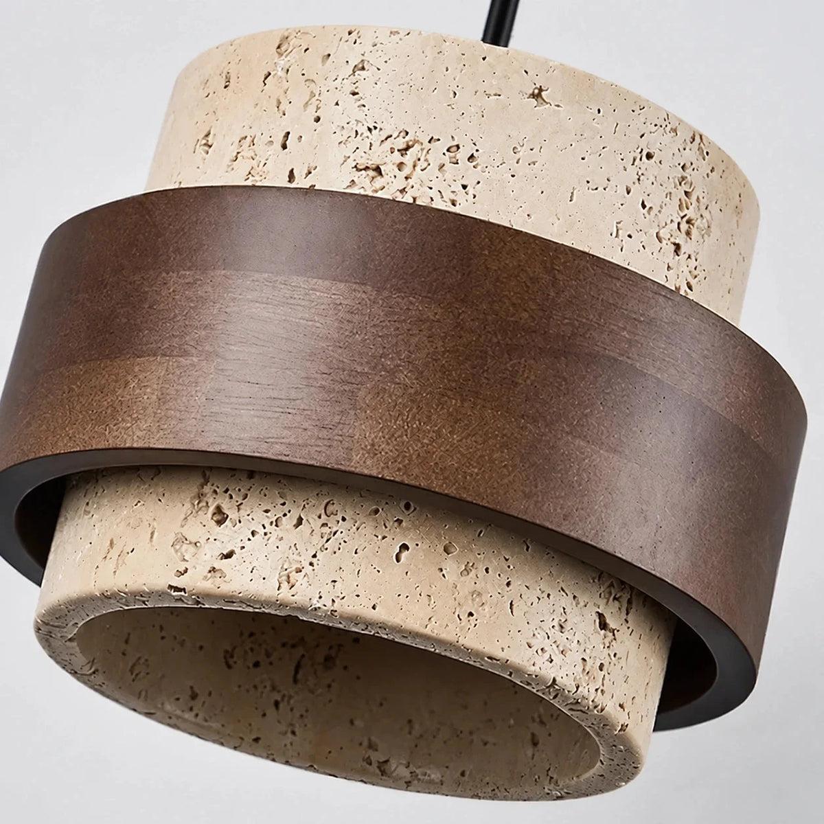 Travertine and walnut drum pendant light