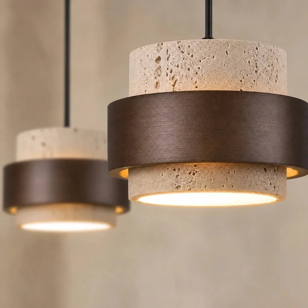 Travertine and walnut drum pendant light