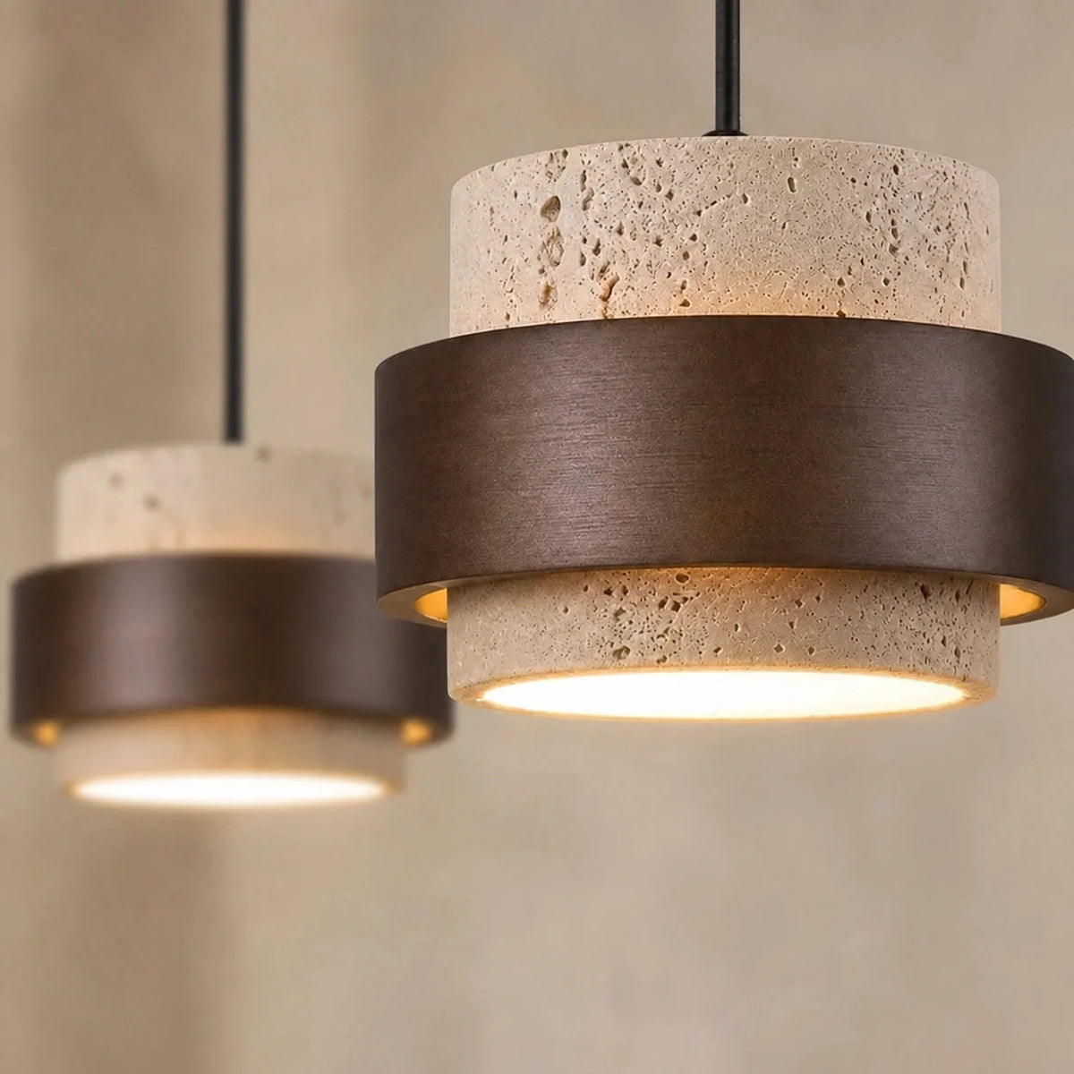 Travertine and walnut drum pendant light