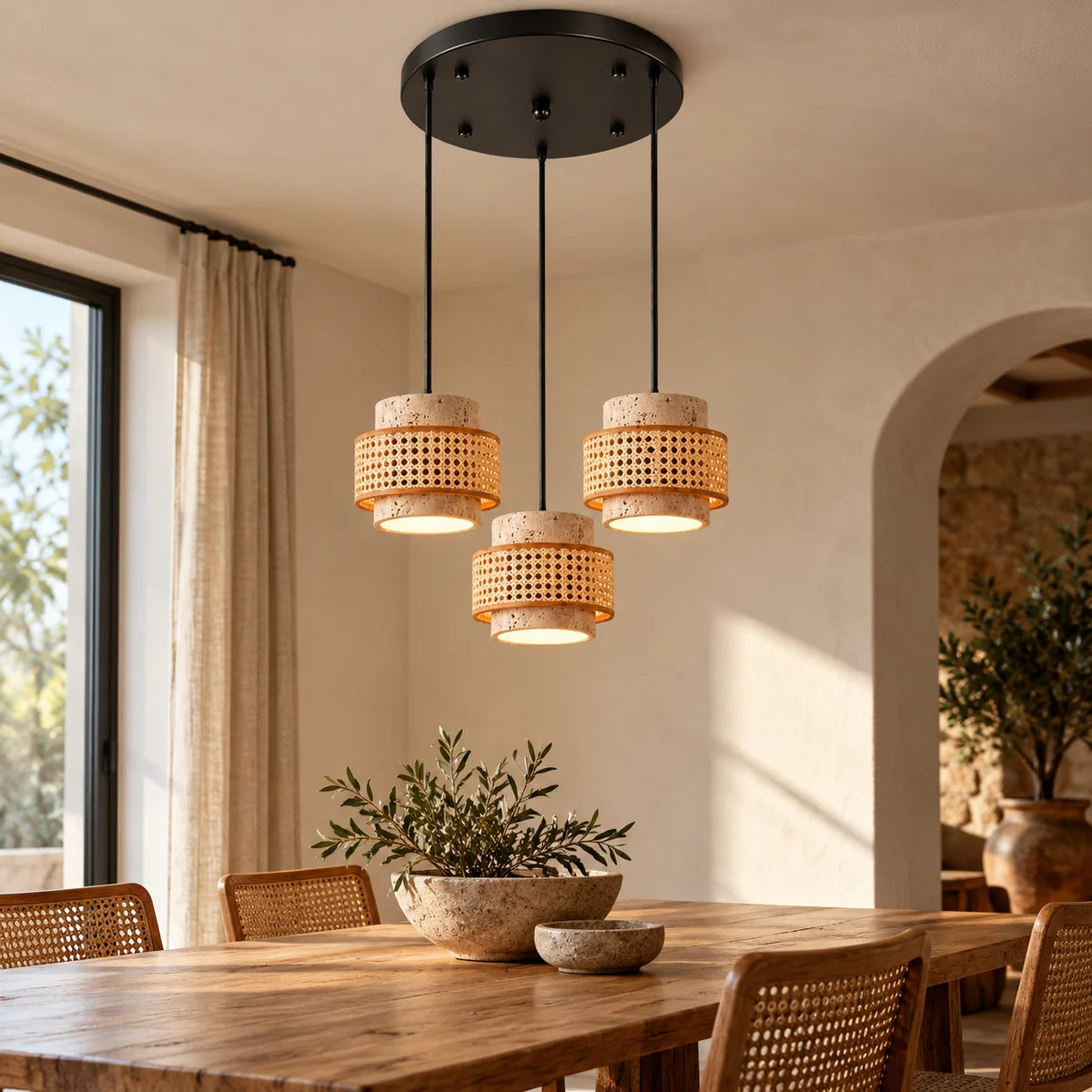 Three travertine and woven rattan drum pendants on a round canopy over a dining table