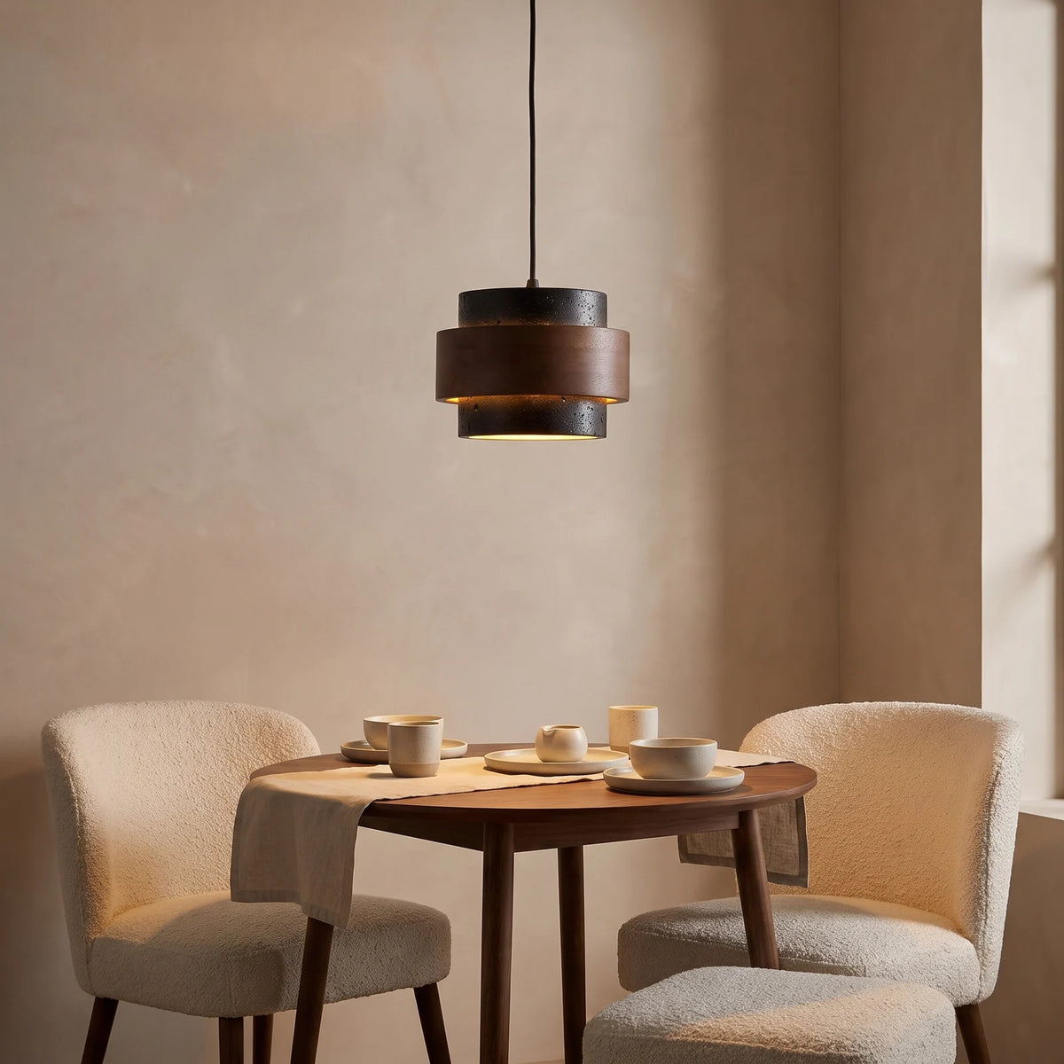 Black travertine and walnut drum pendant over a small dining table