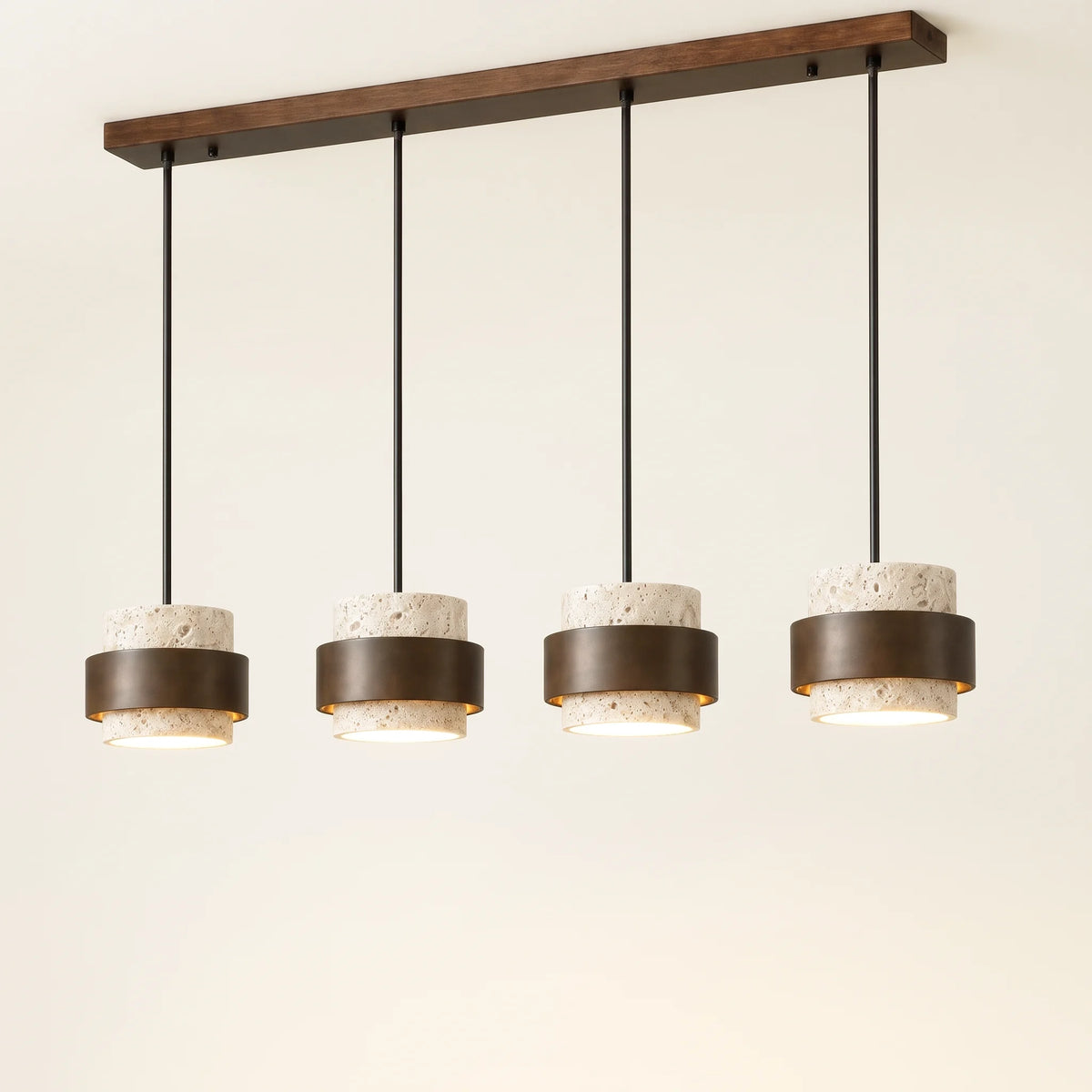 Travertine and Walnut Drum Pendant Light