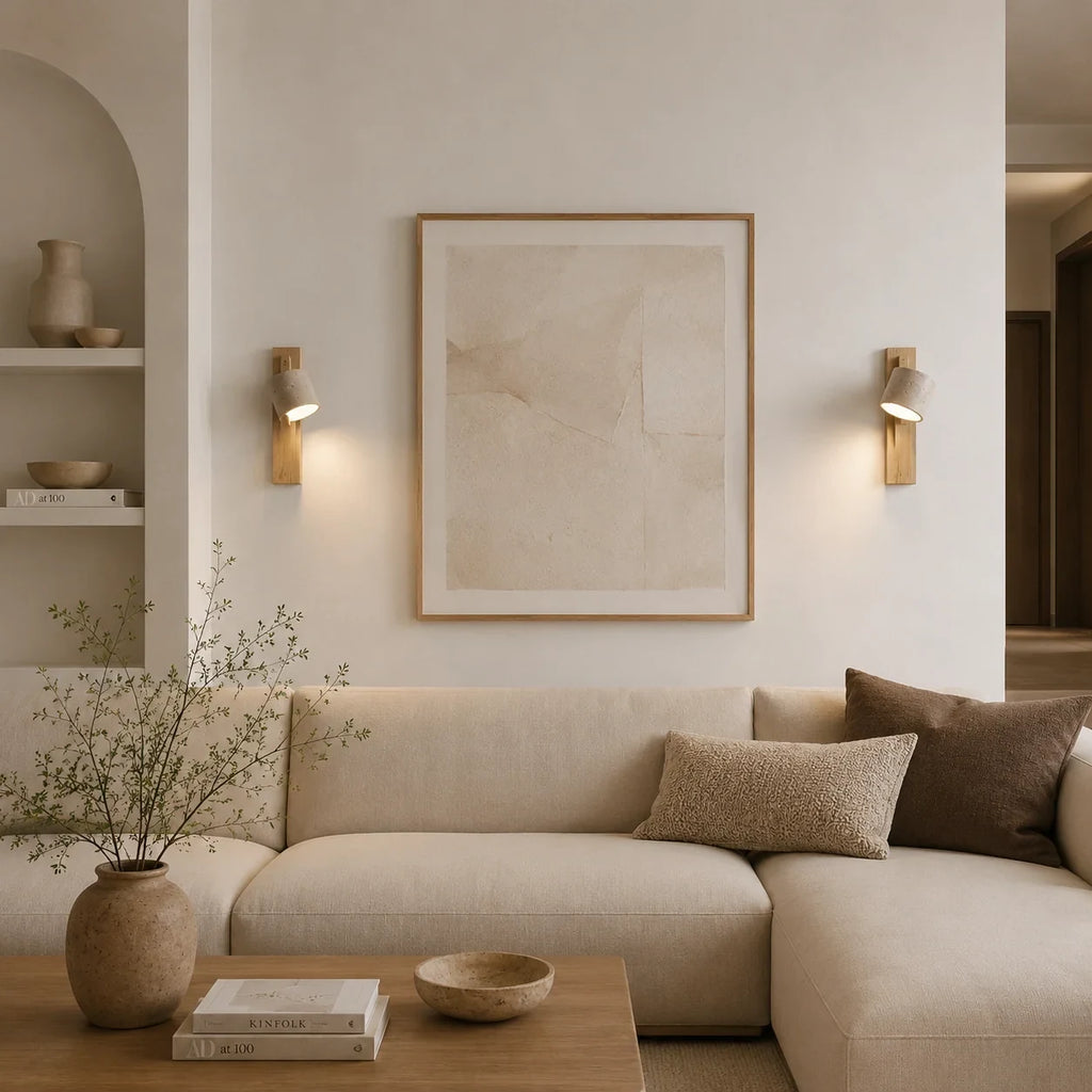 Travertine and wood wall light, a pair lit beside a sofa