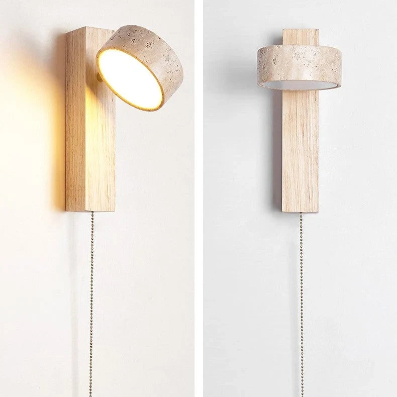 Travertine and wood wall light, with a pull-cord switch